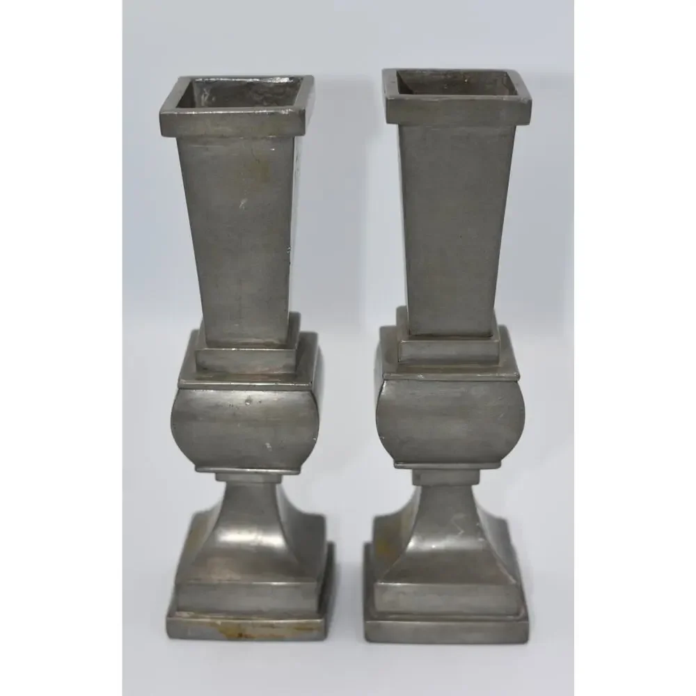 Chinese Pewter & Brass Temple Alter Candlesticks Joss Stick Holder Garniture